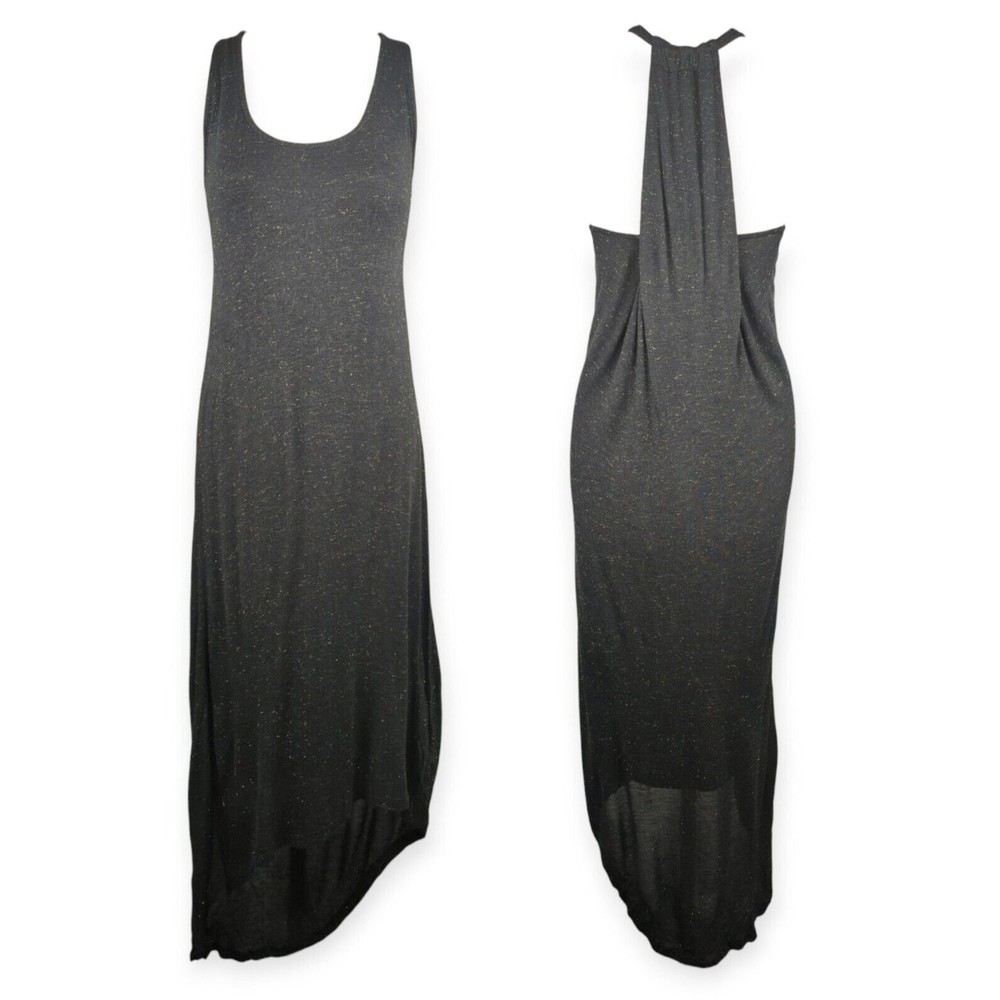 Splendid Gray Gold Jersey Dress Asymmetrical Soft Knit Lightweight Midi M